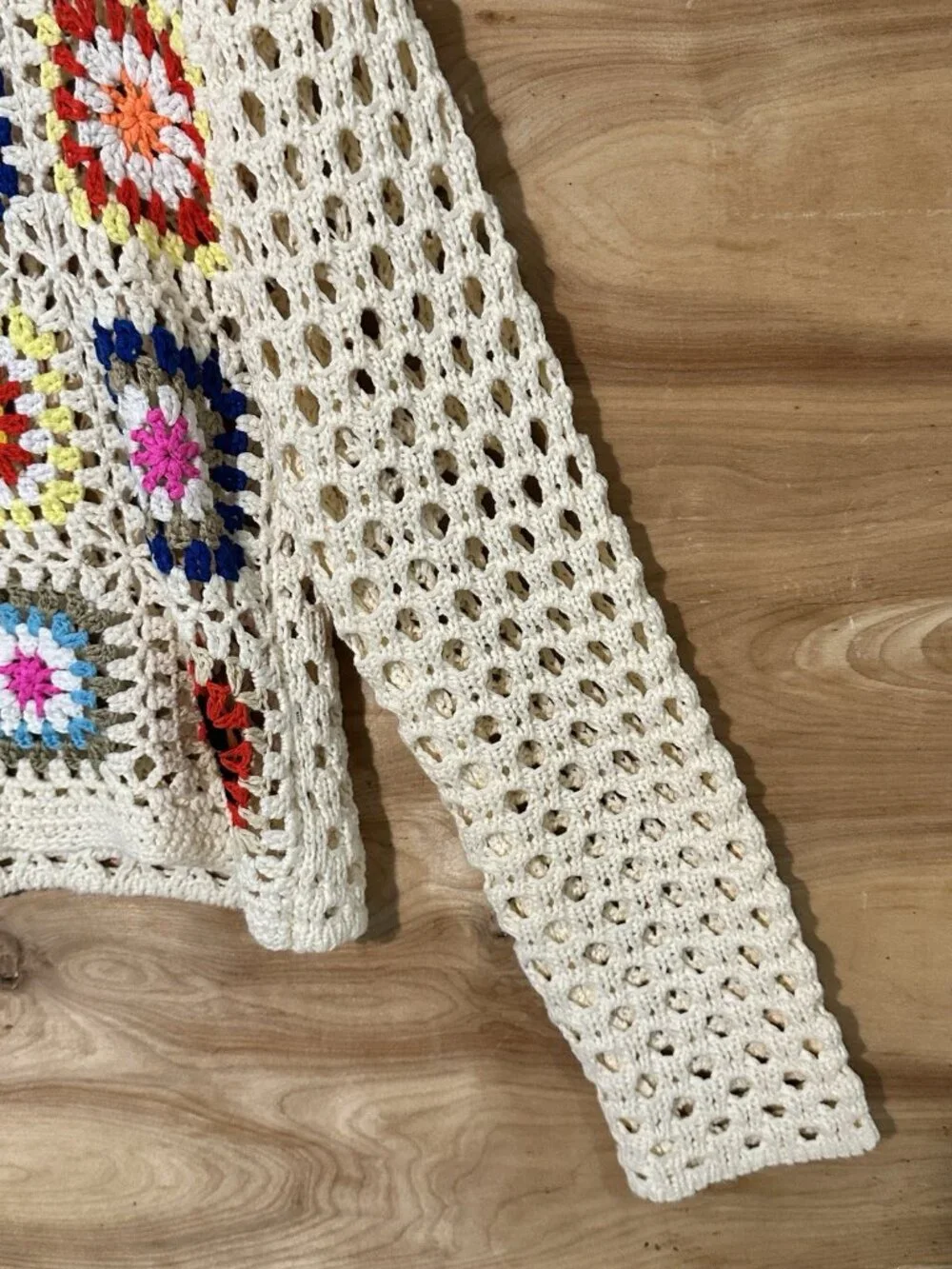 Debut Granny Square Crochet Pullover Sweater Cropped Open Knit Cream Flower XS